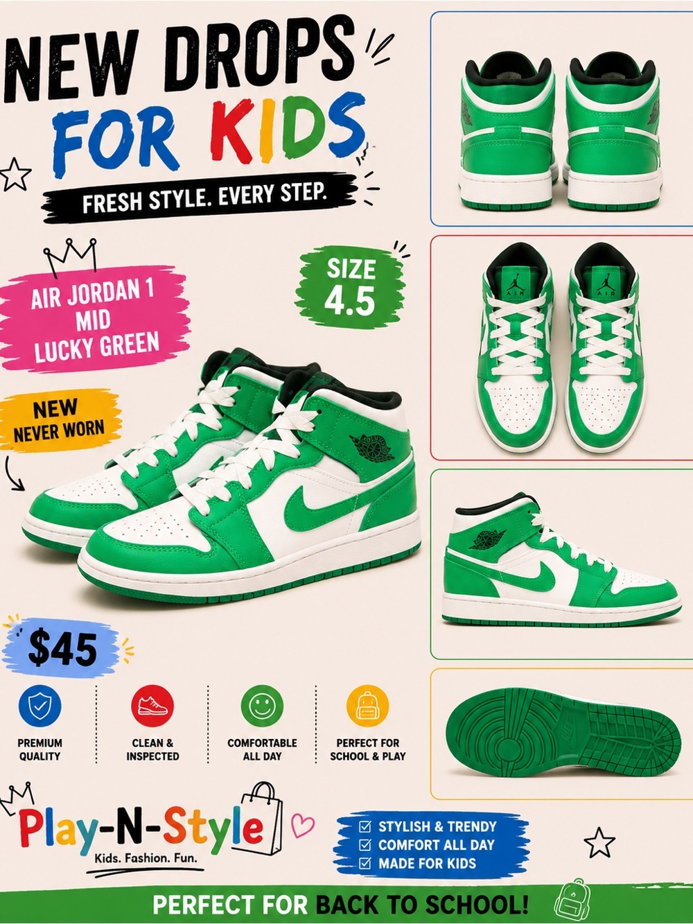 Jordan Air Jordan 1 Mid Lucky Green/White Kids Sneakers